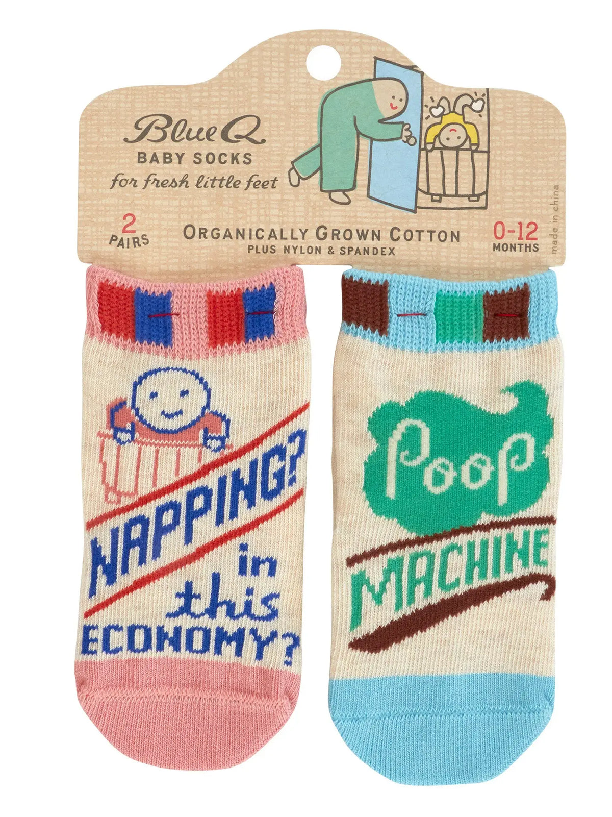 Blue Q baby socks, two pairs: 'Napping? In this economy?' and 'Poop machine'