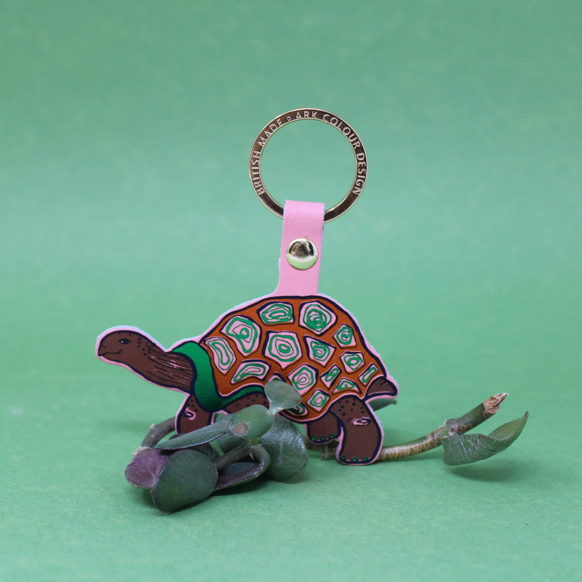 Ark pink tortoise leather key fob with a patterned shell