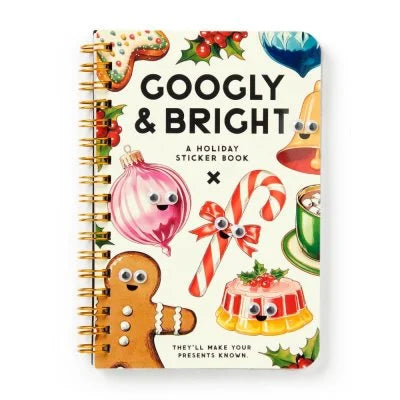 Googly & Bright holiday sticker book: spiral-bound, with googly-eyed baubles, a gingerbread man, candy cane and jelly