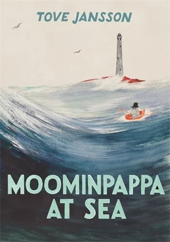 Moominpappa at Sea by Tove Jansson book cover with a boat on a stormy sea near a lighthouse