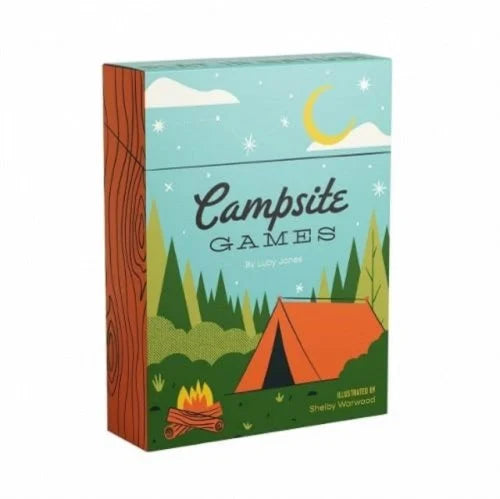 Campsite Games card box: an orange tent and campfire under a starry sky in a pine forest