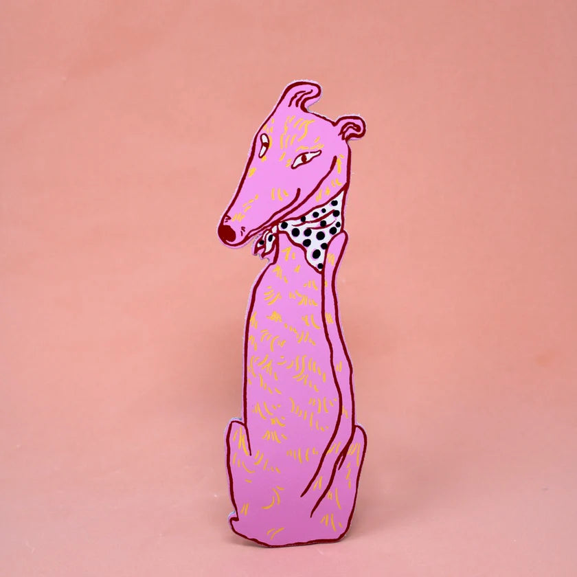 Pink leather greyhound bookmark wearing a spotted neckerchief
