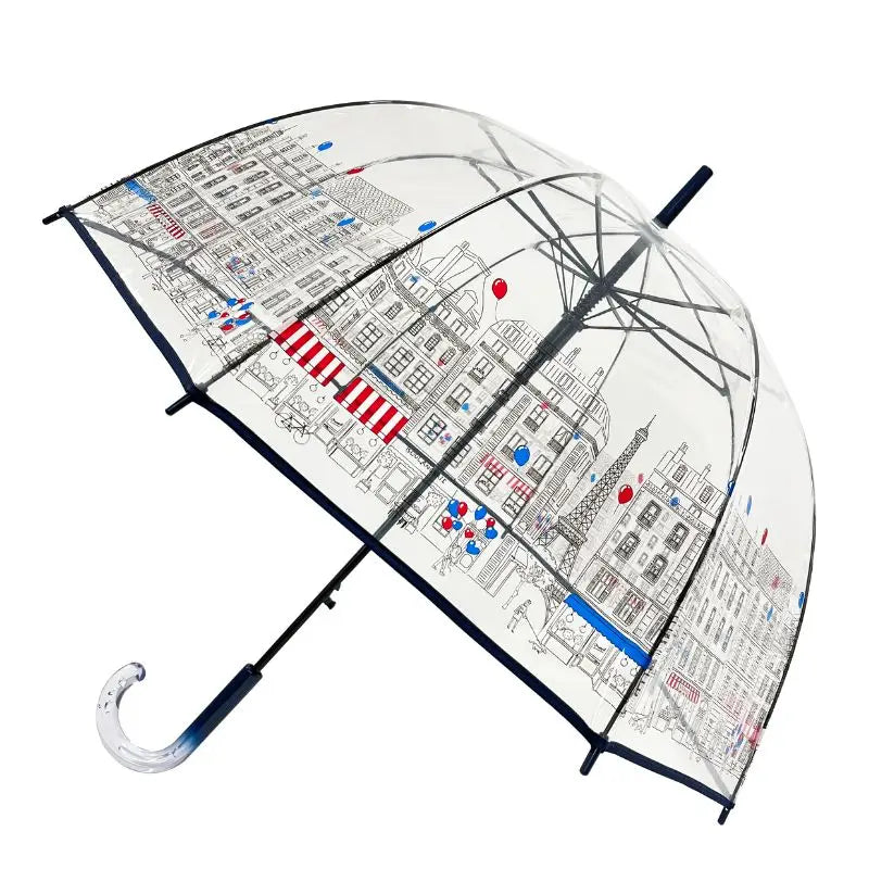 Clear dome umbrella printed with a Paris skyline including the Eiffel Tower