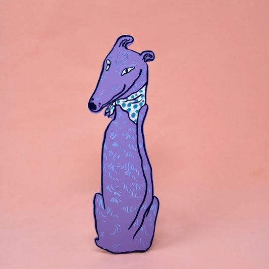 Lilac leather greyhound bookmark wearing a spotted neckerchief
