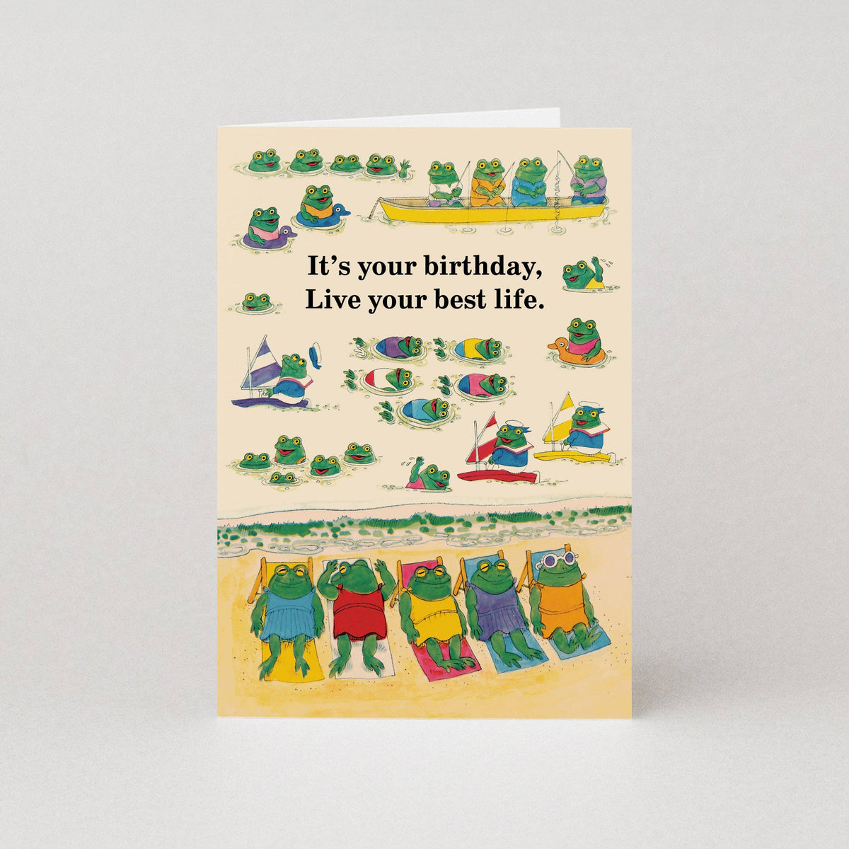 Richard Scarry card with frogs swimming and sunbathing: It's your birthday, live your best life.
