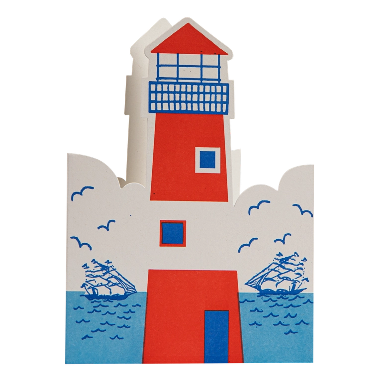 Archivist cut-out card shaped like a red and white lighthouse above blue sea with sailing ships