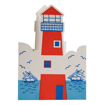 Archivist cut-out card shaped like a red and white lighthouse above blue sea with sailing ships