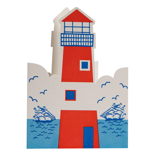 Archivist cut-out card shaped like a red and white lighthouse above blue sea with sailing ships