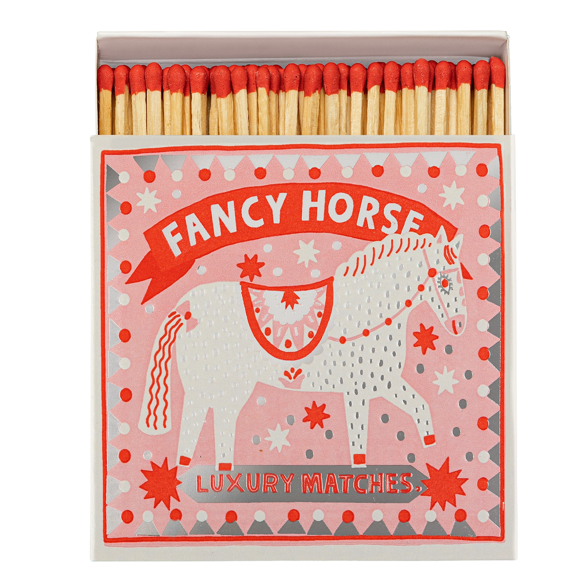 Archivist Fancy Horse matches: a decorated white horse on pink, with red-tipped matches