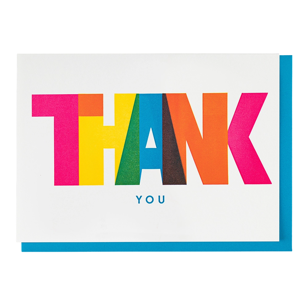 White card with bold multicoloured letters: Thank you