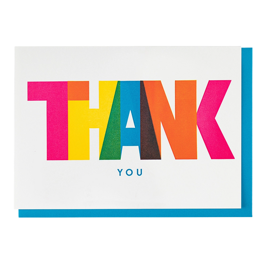 White card with bold multicoloured letters: Thank you