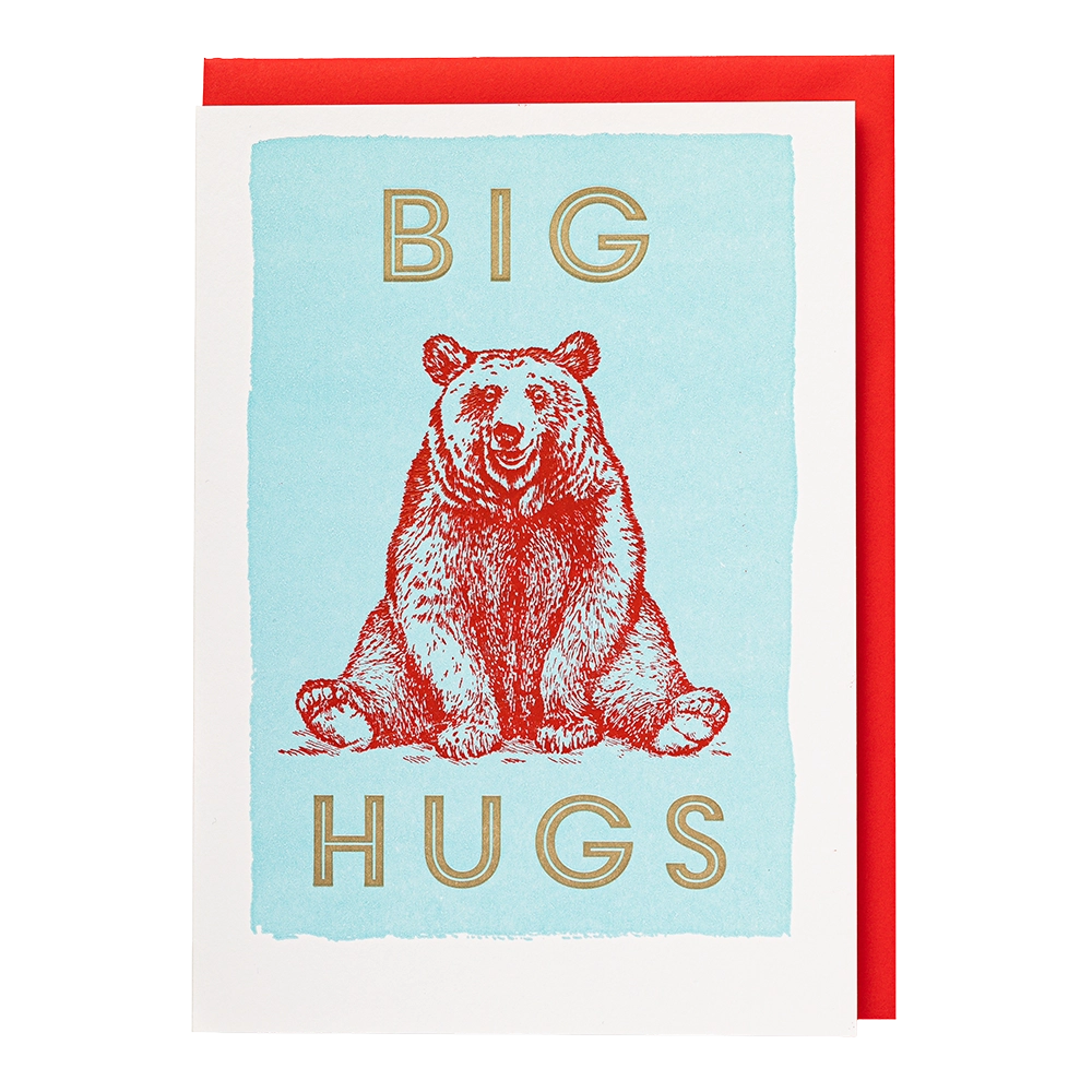 Turquoise card with a red bear: Big hugs