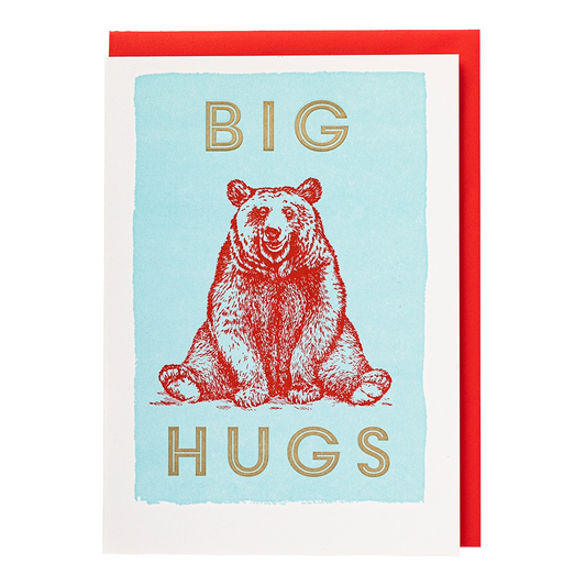 Turquoise card with a red bear: Big hugs