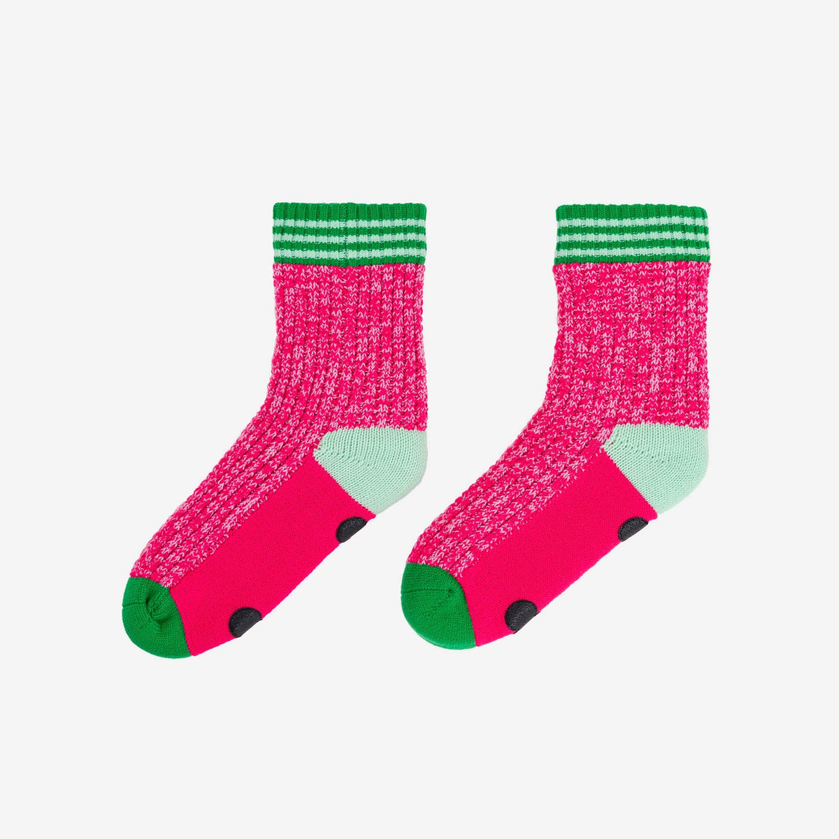 Verloop Varsity house socks in flecked pink with green striped cuffs, mint heels and green toes