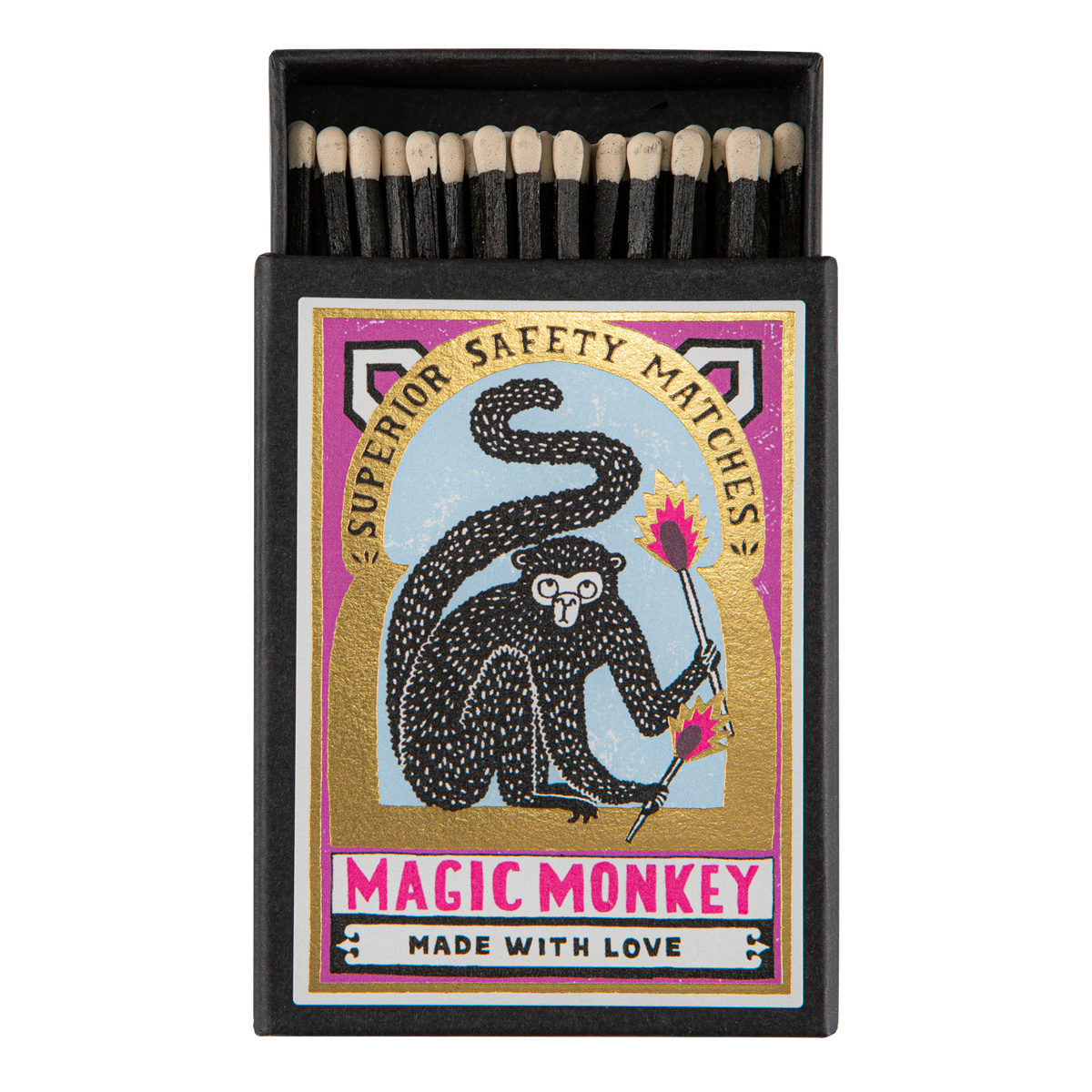 Keepsake matchbox with a monkey holding a flower: Magic monkey, superior safety matches, made with love