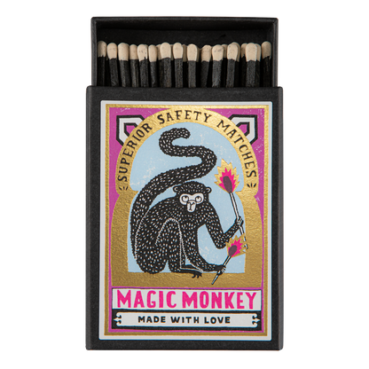 Keepsake matchbox with a monkey holding a flower: Magic monkey, superior safety matches, made with love