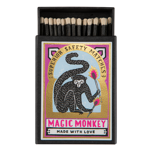 Keepsake matchbox with a monkey holding a flower: Magic monkey, superior safety matches, made with love