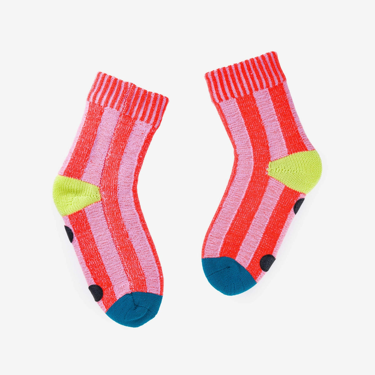 Pair of big stripe house socks laid flat