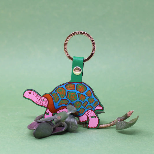 Ark green tortoise leather key fob with a patterned shell