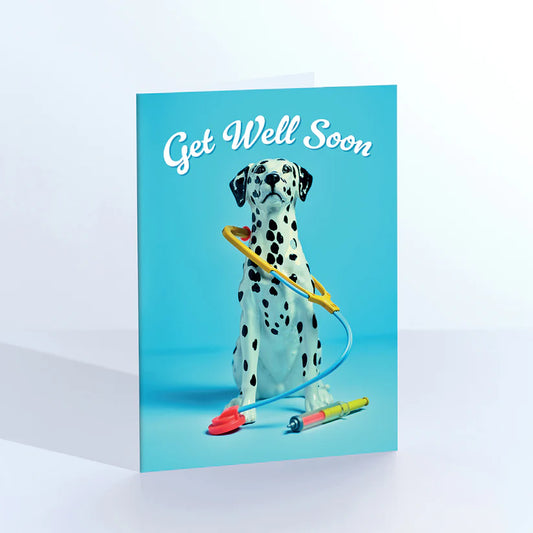Ornament card: a dalmatian figurine with a hula hoop, with 'Get well soon' on blue