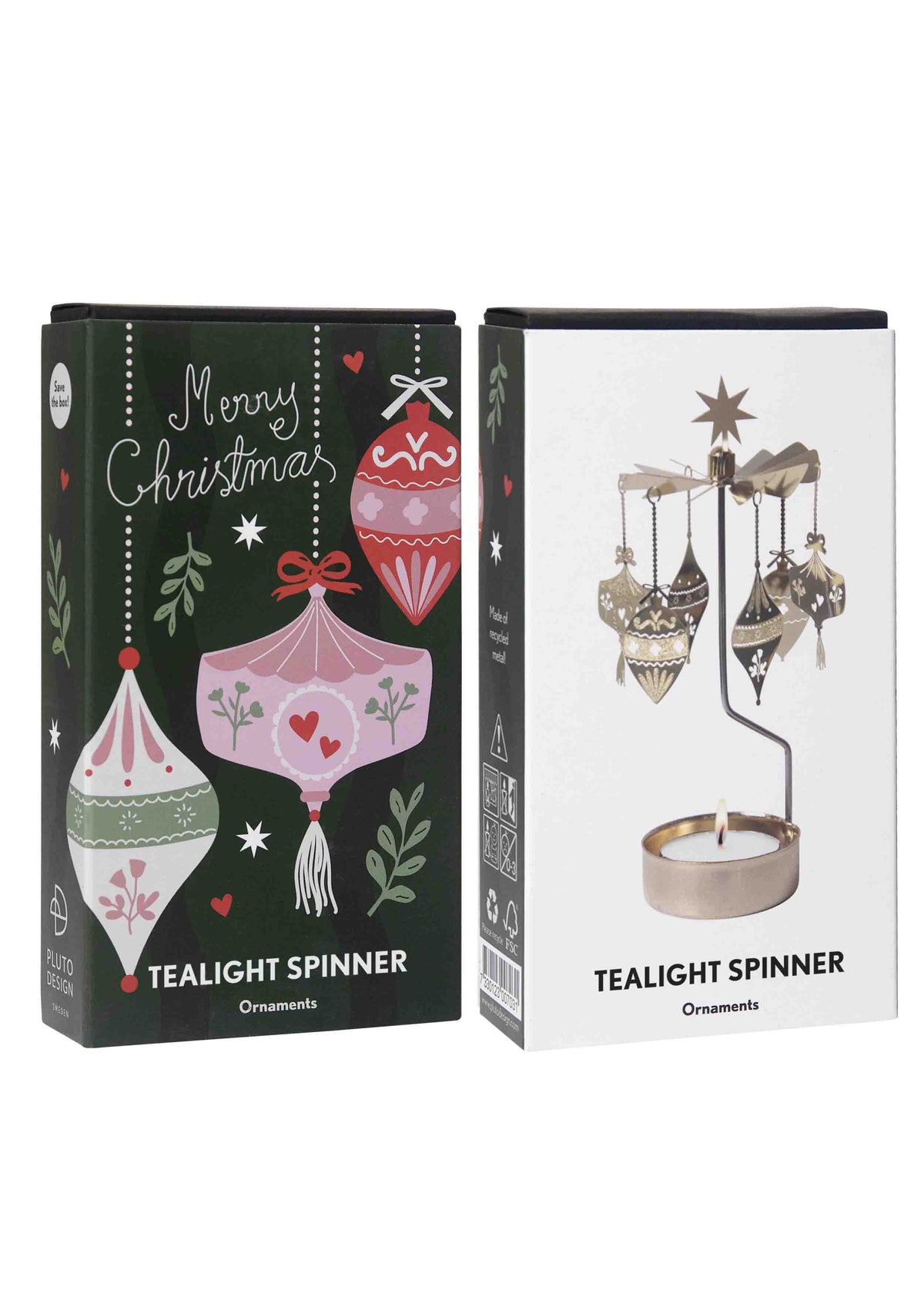 Ornament tealight spinner in its Merry Christmas box