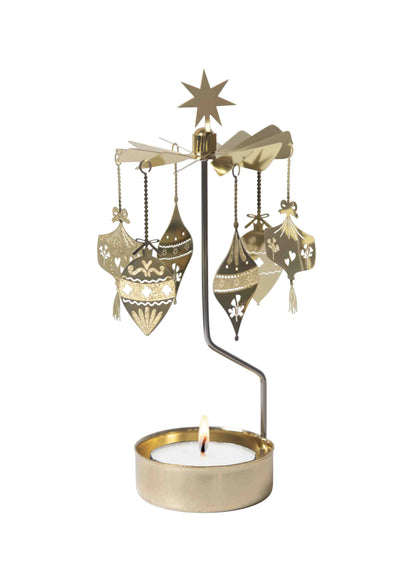 Gold angel chime tealight spinner with hanging bauble shapes and a star