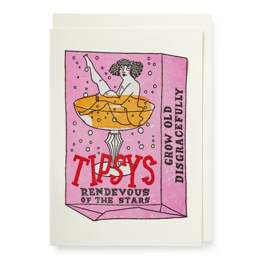 Archivist mini card: a woman bathing in a cocktail glass on a pink box, with 'Tipsys – Rendezvous of the stars – Grow old disgracefully'