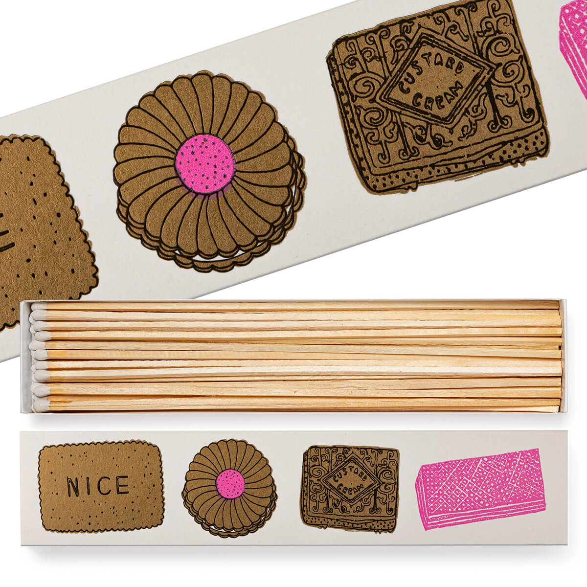 Long matchbox printed with Nice, custard cream, jammy and pink wafer biscuits, open to show the matches