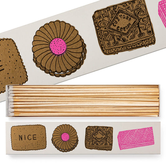 Long matchbox printed with Nice, custard cream, jammy and pink wafer biscuits, open to show the matches