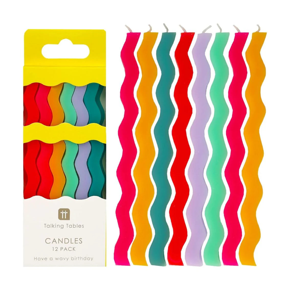 Talking Tables bright wavy candles: a pack of 12 wavy candles in pink, teal, red, lilac and orange