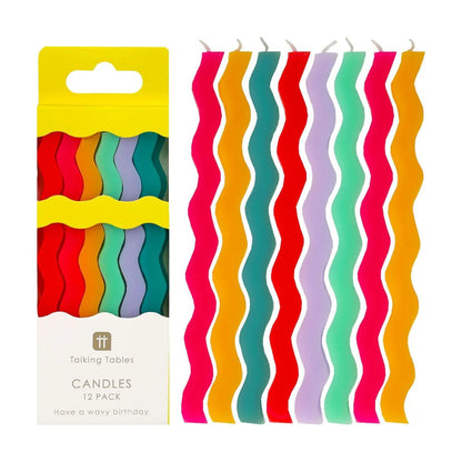 Talking Tables bright wavy candles: a pack of 12 wavy candles in pink, teal, red, lilac and orange