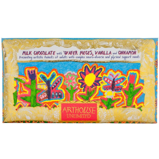 Arthouse Unlimited milk chocolate with wafer pieces, vanilla and cinnamon, in colourful packaging with flowers