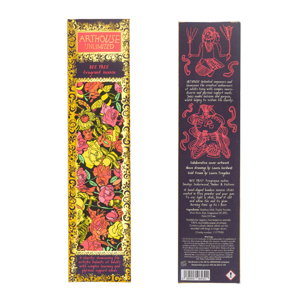 Front and back of the Bee Free incense box