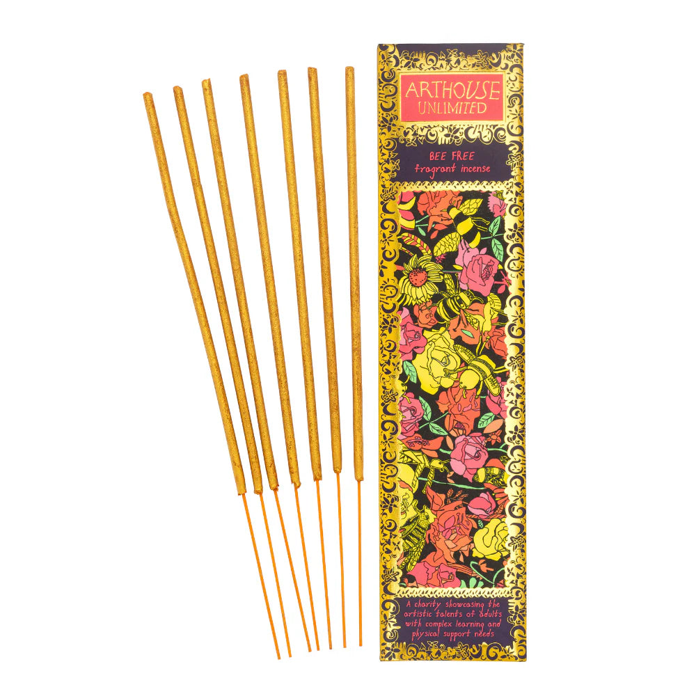 Arthouse Unlimited Bee Free incense sticks beside their floral box