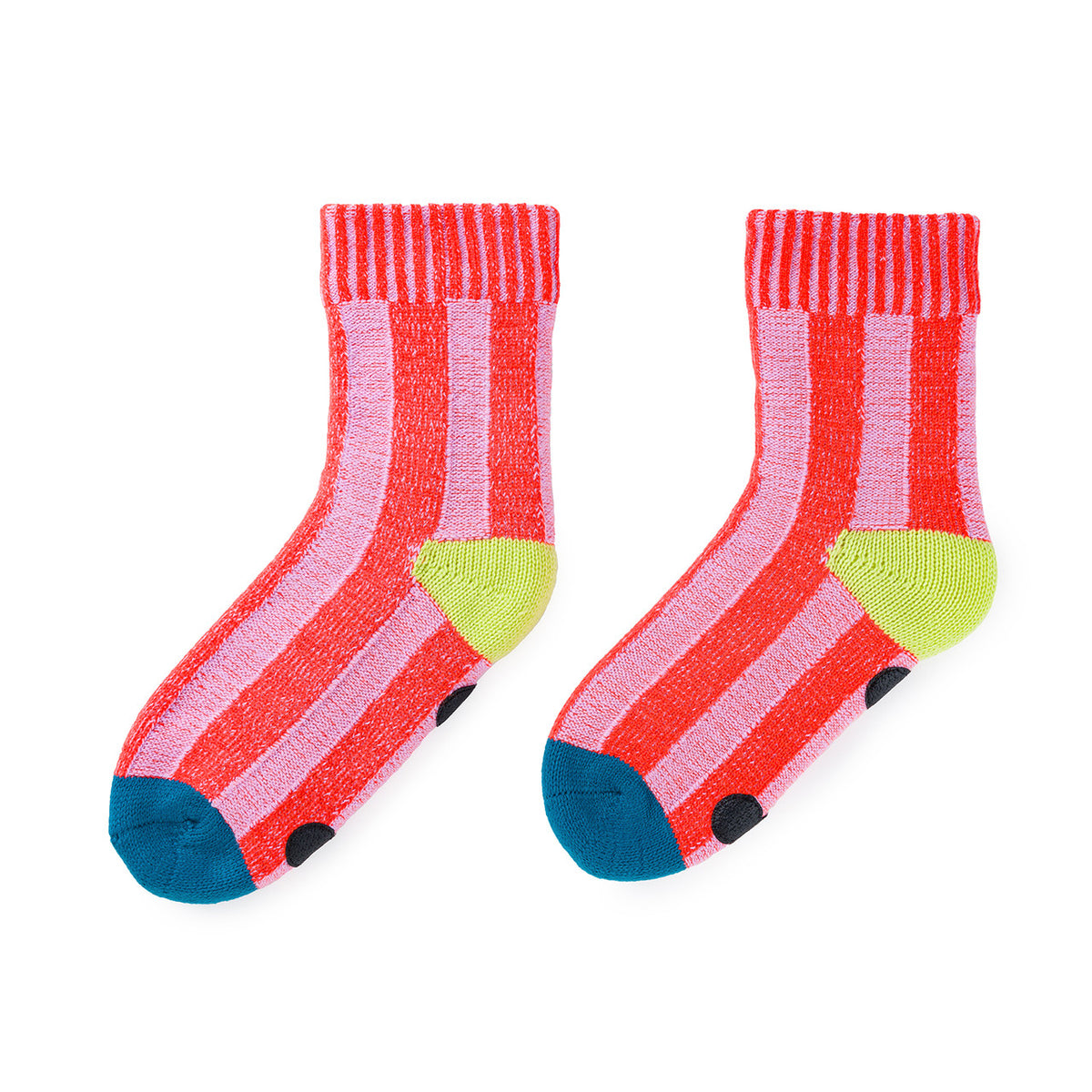 Verloop house socks, L/XL, with wide red and lilac stripes, lime heels and teal toes with grip dots