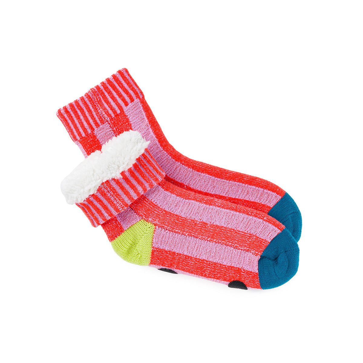 Verloop striped house socks folded to show the fluffy white lining