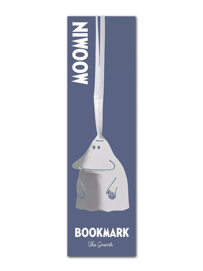 Silver metal Groke bookmark on its blue Moomin backing card