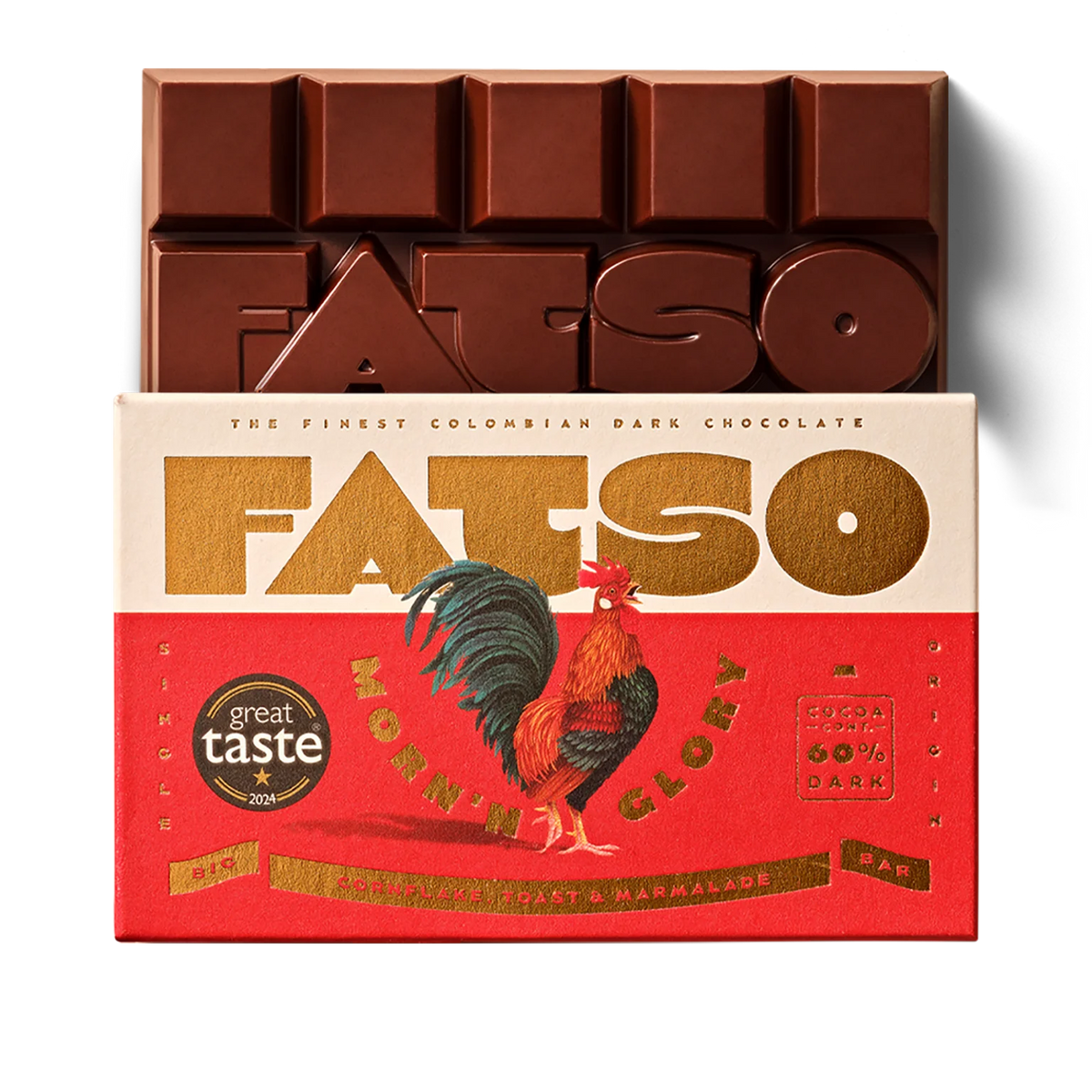 Fatso Morn'n' Glory chocolate bar in red packaging with a rooster
