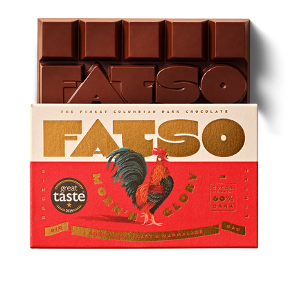 Fatso Morn'n' Glory chocolate bar in red packaging with a rooster