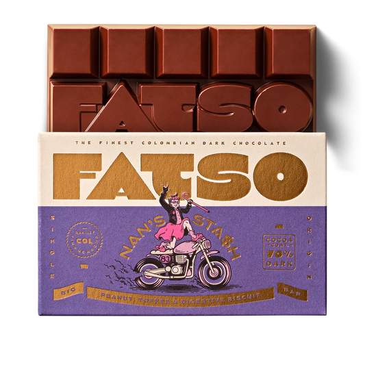 Fatso Nan's Stash chocolate bar with a grandma on a motorbike on the box