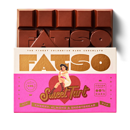 Fatso Sweet Tart dark chocolate bar in pink packaging, with the bar behind