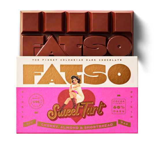 Fatso Sweet Tart dark chocolate bar in pink packaging, with the bar behind