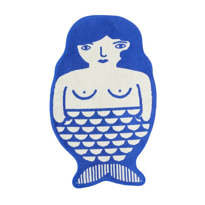 Donna Wilson mermaid-shaped bath mat in blue and cream