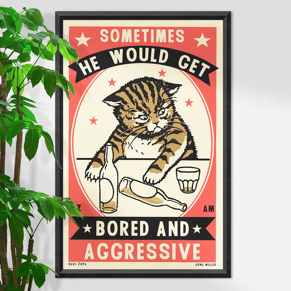 Framed screenprint of a tabby cat knocking bottles off a bar: Sometimes he would get bored and aggressive