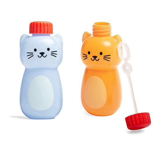 Kikkerland catnip bubbles in blue and orange cat-shaped bottles