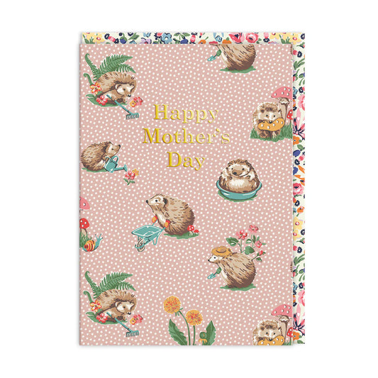 Ohh Deer card: hedgehogs among flowers, with gold 'Happy Mother's Day' on pink