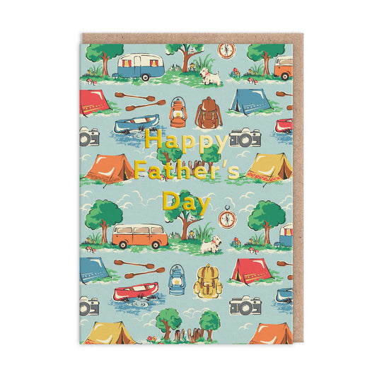 Ohh Deer card: a pattern of tents, camper vans and camping gear, with gold 'Happy Father's Day'