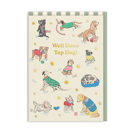 Cath Kidston card with dogs in jumpers and stars: Well Done Top Dog!