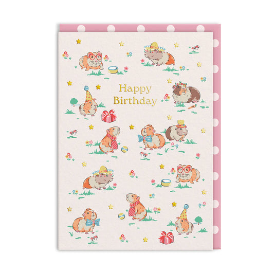 Ohh Deer card: guinea pigs with party hats and presents, with 'Happy birthday'