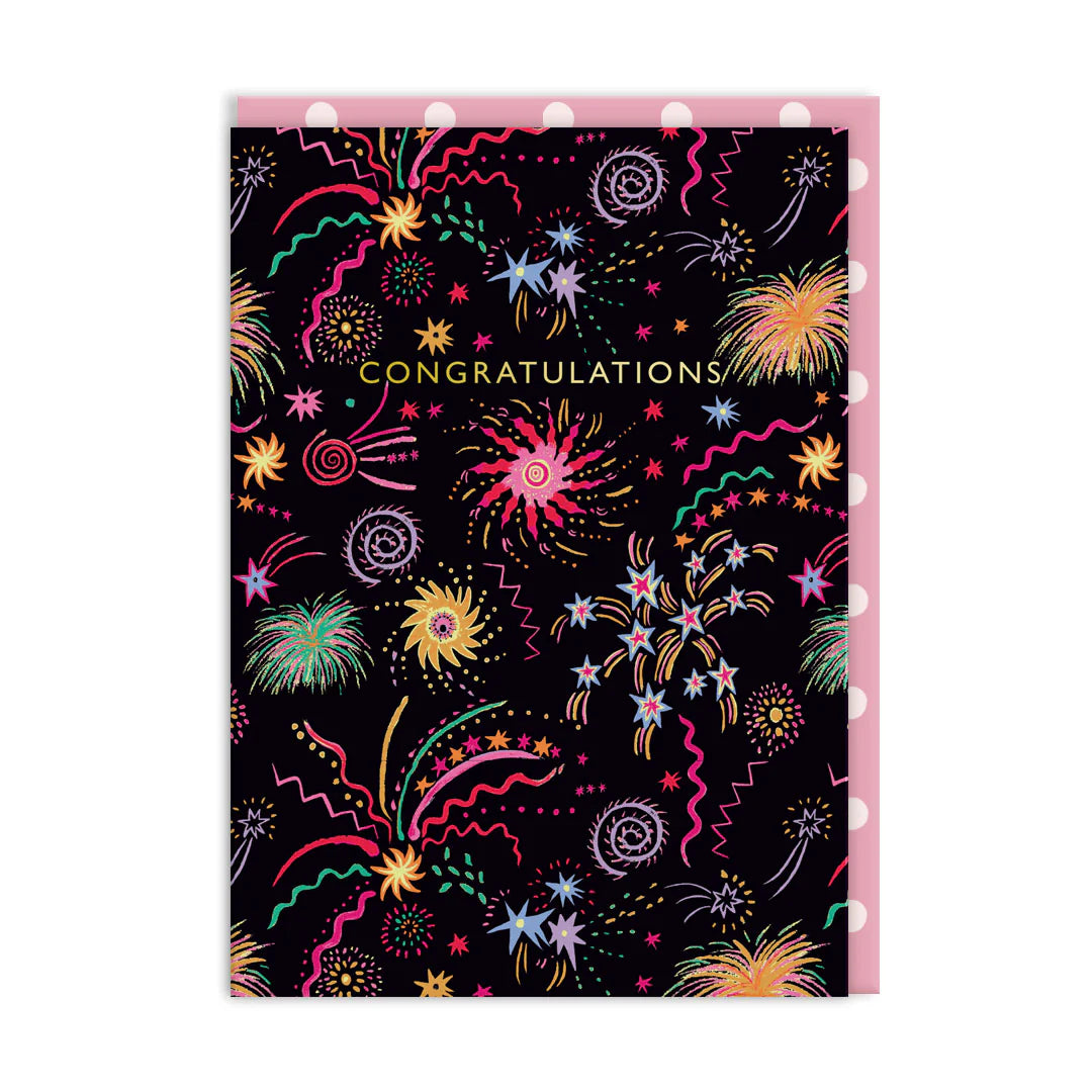 Ohh Deer card: colourful fireworks on black, with gold 'Congratulations'